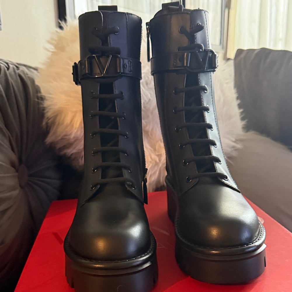 Valentino Garavani Black Leather Combat Boots